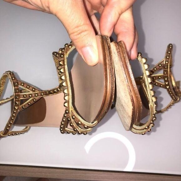 Prada Sandals Womens Size 8.5 Gold Studded Square Toe Brown Buckle Stiletto - Picture 9 of 9